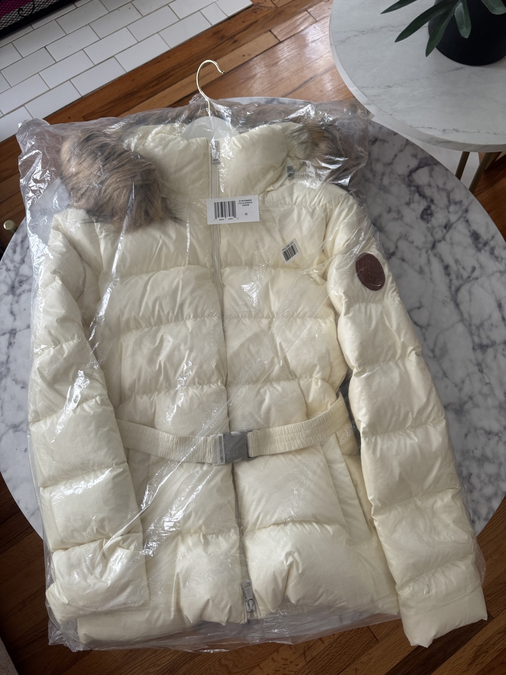 Ralph Lauren Cream Quilted Puffer Coat with Faux Fur Hood